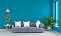 Gray sofa and table in blue living room, 3D rendering Royalty Free Stock Photo