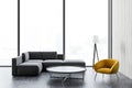 Gray sofa, yellow armchair living loft room