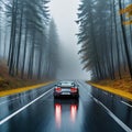 gray sports car driving on wet road on rainy autumn day through foggy Royalty Free Stock Photo