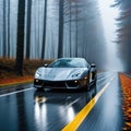 gray sports car driving on wet road on rainy autumn day through foggy Royalty Free Stock Photo