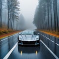 gray sports car driving on wet road on rainy autumn day through foggy Royalty Free Stock Photo