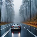 gray sports car driving on wet road on rainy autumn day through foggy Royalty Free Stock Photo