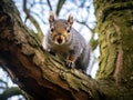 Gray squirrel climbs down tree