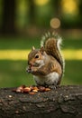 Gray Squirrel Eating Nuts on a Log in a Park Royalty Free Stock Photo