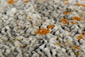 Gray stone embossed with an abstract pattern, covered with orange lichen.