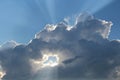 Gray storm cloud in blue sky with a hole in the middle