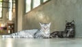 Gray striped cat and black cat lying in the room