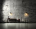 Gray studio background with simple furniture and burning electric lamps