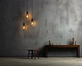 Gray studio background with simple furniture and burning electric lamps