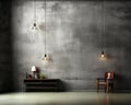 Gray studio background with simple furniture and burning electric lamps