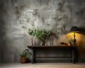 Gray studio background with simple furniture and burning electric lamps