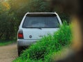 Gray Subaru Forester in green grass and bushes