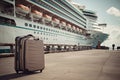 Gray suitcase with things on the background of a cruise liner