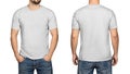 Gray t-shirt on a young man white background, front and back Royalty Free Stock Photo