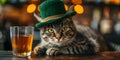 A gray tabby cat in a green hat bartending for St Patricks Day. Concept St Patricks Day, Gray Tabby Cat, Green Hat, Bartending,