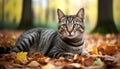 Gray tabby cat sits on autumn leaves in a park, cute domestic pet image