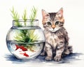 gray tabby cat sitting in front of a transparent glass vase.