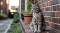 Gray Tabby Cat Sitting Side View by Brick Wall Royalty Free Stock Photo