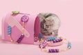 Gray tabby kitten pink Christmas mailbox Royalty Free Stock Photo