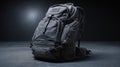 Tactical Gray Rucksack on Concrete Floor Against a Gradient Dark Background Royalty Free Stock Photo