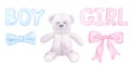 Gray teddy bear, blue pink bow, text, toy baby girl boy. Hand drawn watercolor illustration isolated on white background Royalty Free Stock Photo