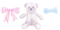 Gray teddy bear, blue pink bow, toy baby girl boy. Hand drawn watercolor illustration isolated on white background Royalty Free Stock Photo