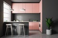 Gray tile kitchen, pink countertops
