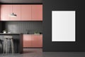 Gray tile kitchen, pink countertops, poster