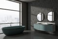 Gray and tiled bathroom corner with tub and double sink Royalty Free Stock Photo