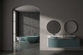 Gray and tiled bathroom interior with tub and double sink Royalty Free Stock Photo