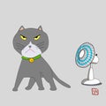 A gray tomcat. Angry cat cartoon with electrical fan. Cute grumpy cat, vector.