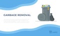 Gray trash can on blue and white background. Site for ordering garbage collection service.