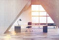 Gray triangular office, black table, toned