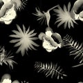 Gray Tropical Illustration. White Seamless Leaves. Black Pattern Illustration. Flower Palm. Spring Hibiscus. Garden Leaf.
