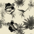 Gray Tropical Leaf. White Seamless Painting. Pattern Illustration. Watercolor Foliage. Spring Illustration.