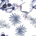 Gray Tropical Palm. White Seamless Background. Blue Pattern Illustration. Indigo Drawing Leaves. Cobalt Floral Hibiscus.