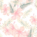 Gray Tropical Texture. Yellow Seamless Palm. Pink Pattern Plant. Coral Flower Hibiscus. White Spring Illustration.