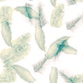 Gray Tropical Vintage. White Seamless Nature. Pattern Leaves. Drawing Hibiscus. Isolated Art. Banana Leaves.