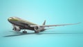 Gray turbocharged plane takes off left view 3d render on blue background with shadow