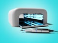 Gray ultraviolet lamp for drying gel polish and bur machine for removing nail polish on your hands 3d render on blue background