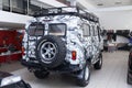 Gray used UAZ car with rear view painted in gray raptor line-x paintprepared for off road drive