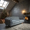 The gray velor sofa in the dark loft room has a bright light from the eternal light and an artificial fireplace. Inner attic with Royalty Free Stock Photo