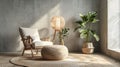 On a gray wall background, in this living room you will find an armchair with a pillow, a glowing lamp, a plant in a pot Royalty Free Stock Photo