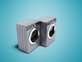 Gray washing and drying machine perspective 3d render on blue ba