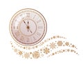 A gray whirlwind of golden snowflakes and stars around an antique clock with a Roman dial. New Year`s element. Xmas Royalty Free Stock Photo