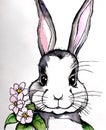 Gray and white bunny portrait drawing art with flowers.