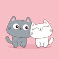 Gray white cat set. Happy Valentines Day. Love couple sitting kittens. Cute cartoon funny kitty character. Kawaii animal in love.