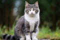 A Gray And White Cat Sitting On Top Of A Grass Covered Field