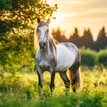 Gray and white piebald horse in the field with beautiful sunset