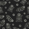 Gray white cute Tardigrade, water bears or moss piglets vector repeat seamless pattern. Chalk on blackboard effect